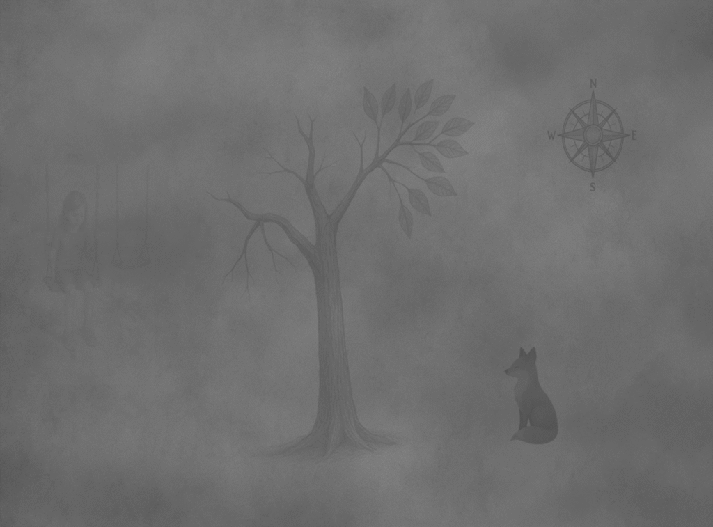 Book cover of In the Quiet – featuring a girl on a swing beneath a leaning tree, with a compass and fox nearby; a story collection by Torin Keld for sensitive children