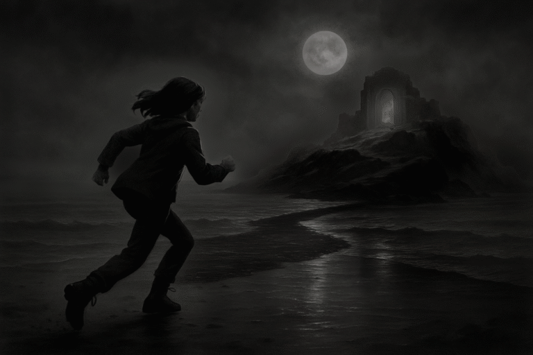 Lucy running across moonlit sand toward the ruined outcrop – from The Tomb Beneath the Tide, a coastal mystery by Torin Keld