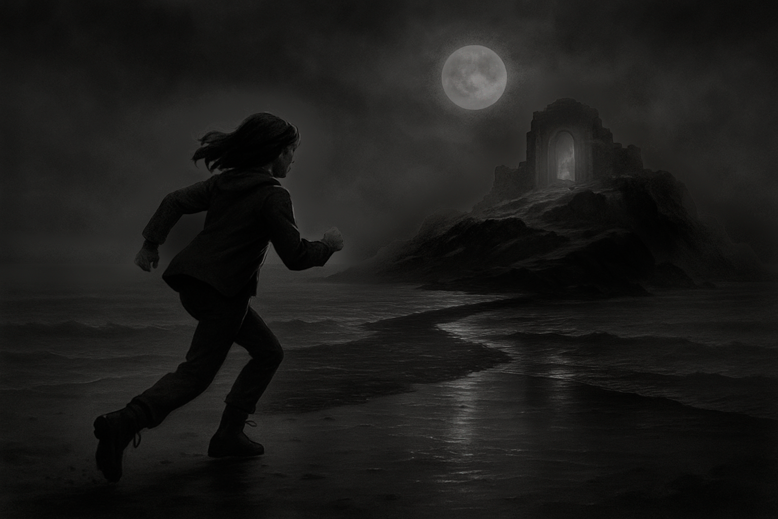 Lucy running across moonlit sand toward the ruined outcrop – from The Tomb Beneath the Tide, a coastal mystery by Torin Keld